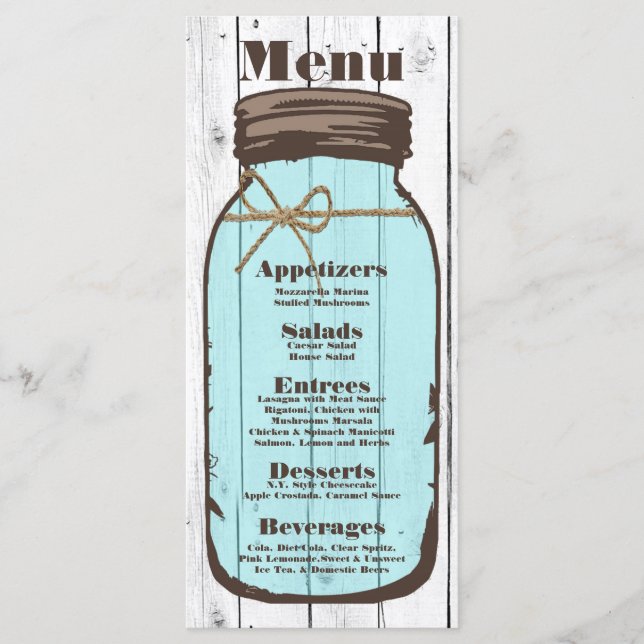25 Menu Cards Mason Jar Wood Country Rustic (Front)