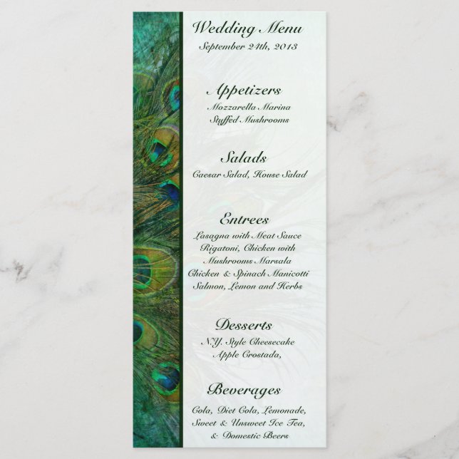 25 Menu Cards Peacock Green Feathers (Front)