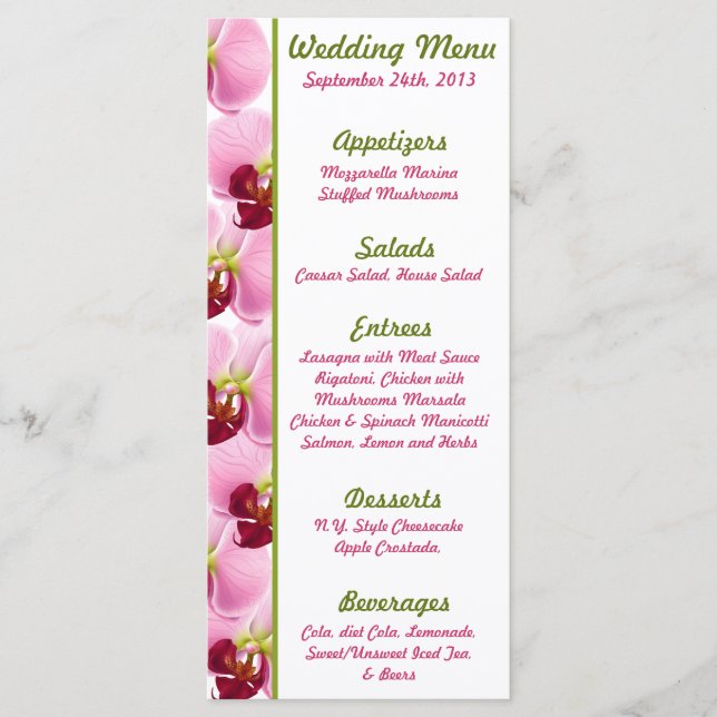 25 Menu Cards Pink Orchid Long Stem Flower Green (Front)