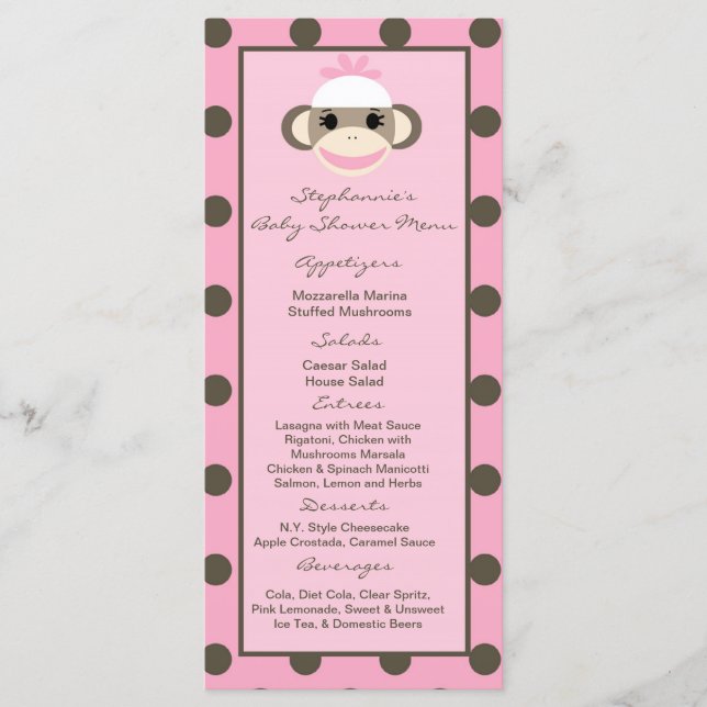 25 Menu Cards Pink Sock Monkey (Front)