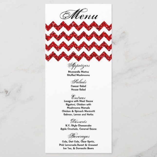 25 Menu Cards Red Glitter Chevron Zig Zag Print (Front)