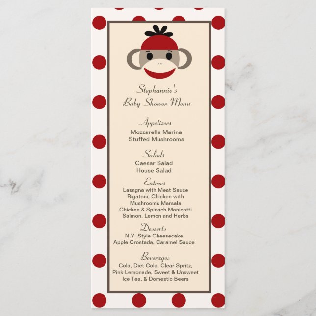 25 Menu Cards Red Sock Monkey (Front)