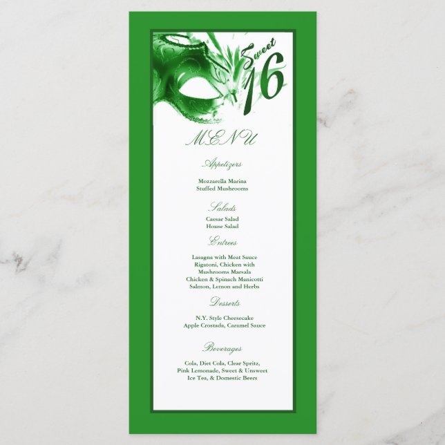 25 Menu Cards Sweet 16 Green Party (Front)