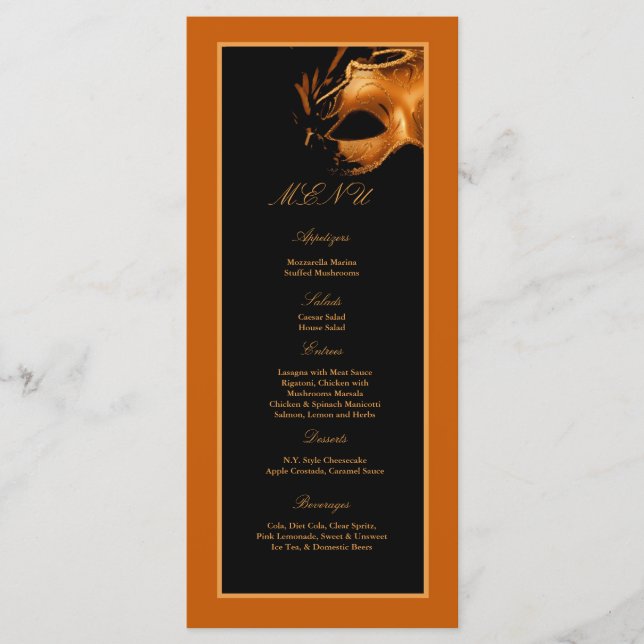 25 Menu Cards Sweet 16 Orange Black Party (Front)