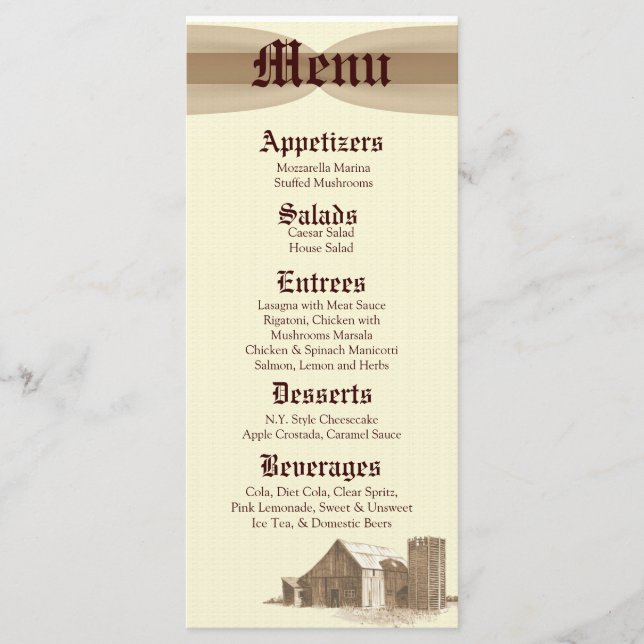 25 Menu Cards Vintage Country Barn Farm Silo (Front)