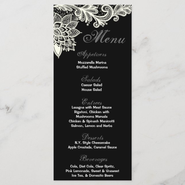 25 Menu Cards Vintage Victorian Lace Black (Front)