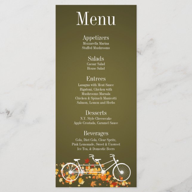 25 Menu Cards Whimsical Brown Fall Double Bike (Front)