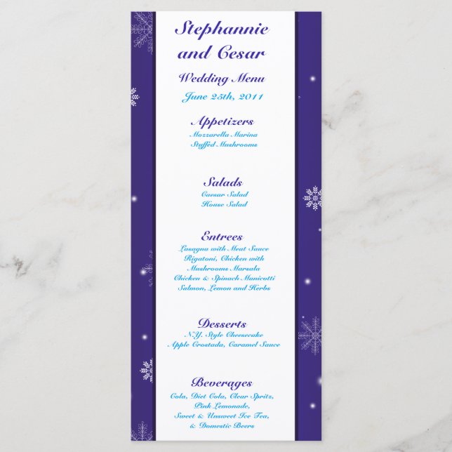 25 Menu Cards White Snow Flakes (Front)
