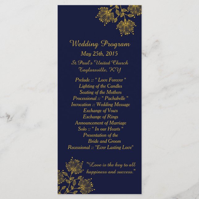 25 Navy and Yellow Floral Wedding Programs Programme (Front)