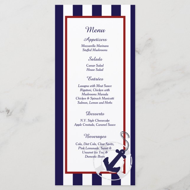 25 Navy Blue Anchor Nautical Wedding Menu Cards (Front)