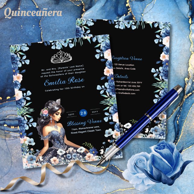 25 Navy Blue Quinceanera Dress Floral Roses Flyer (Creator Uploaded)