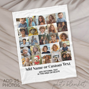 25 Photo Collage - Custom Text - Black and White Fleece Blanket