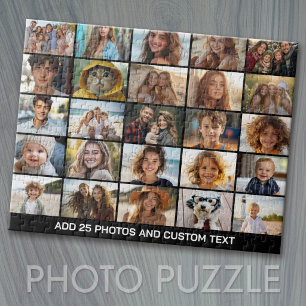 25 Photo Collage - Custom Text - Black Jigsaw Puzzle