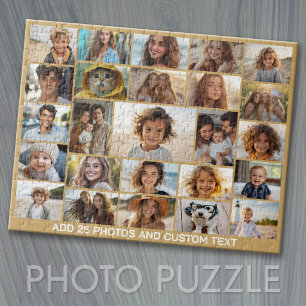 25 Photo Collage - Custom Text - Champagne Gold Jigsaw Puzzle
