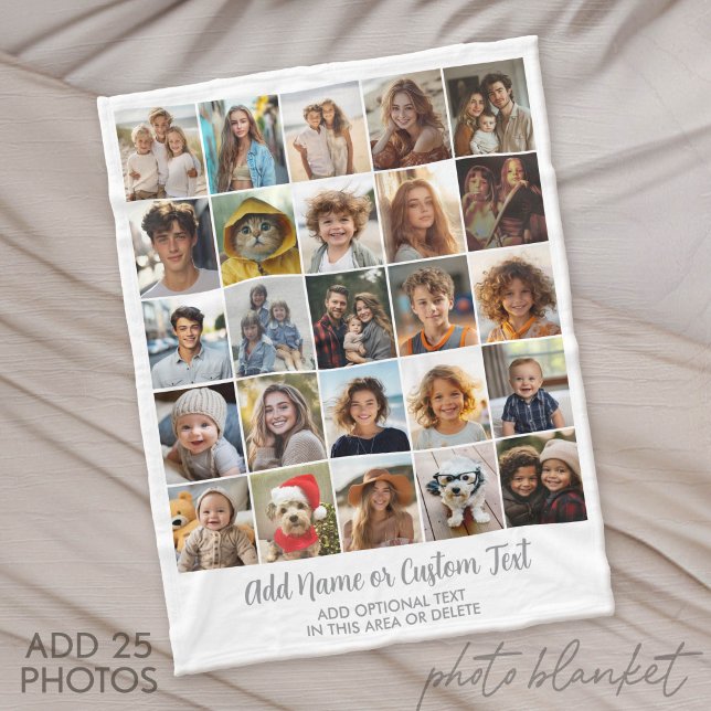25 Photo Collage - Custom Text - White Grey Fleece Blanket (Custom Fleece Blanket with Photo Collage for Family and Friends)
