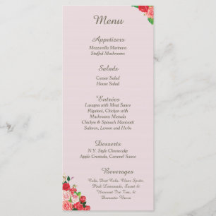 25 Pink and Red Roses Reception Menu Cards