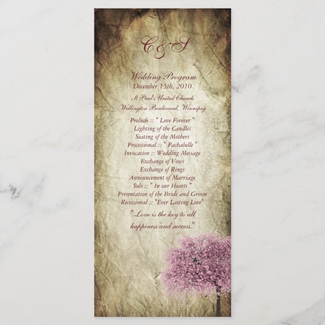25 Pink Tree Wedding Programs Programme (Front)