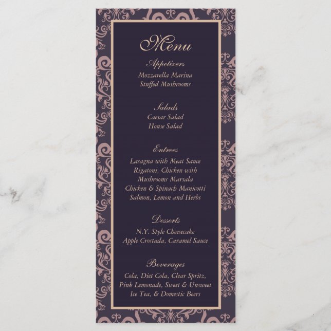 25 Purple Damask Lace Wedding Menu (Front)