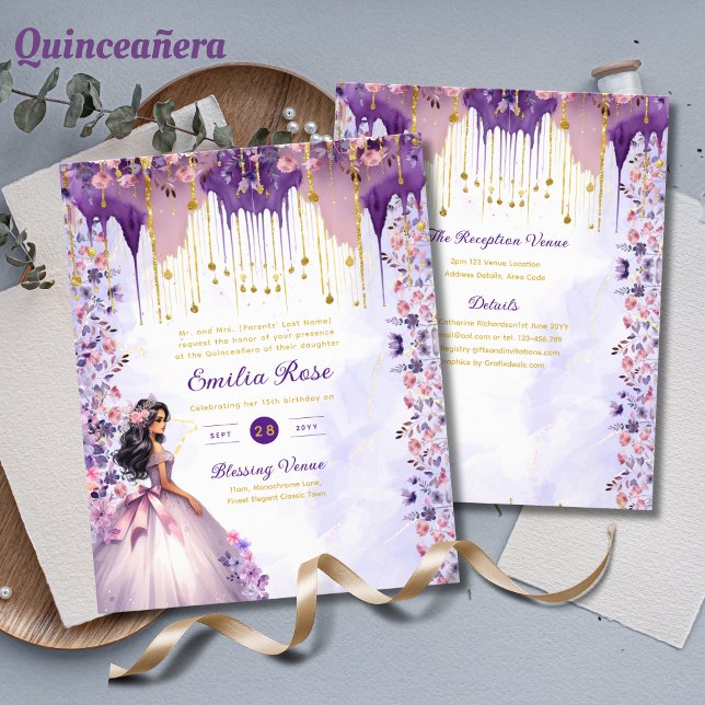25 Purple Gold Sparkle Quinceanera Dress Floral  Flyer (Creator Uploaded)
