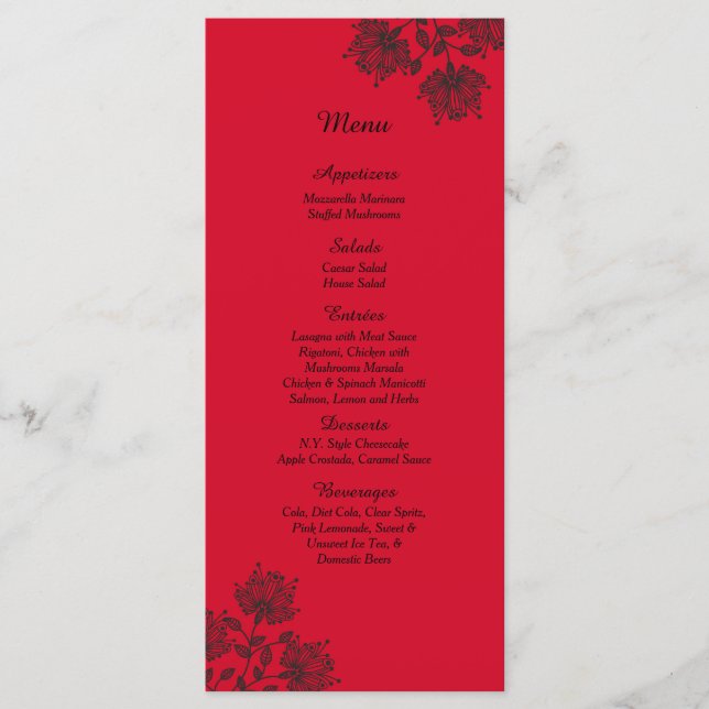 25 Red and Black Floral Menu Cards (Front)