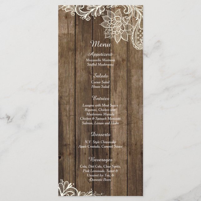 25 Rustic Wood Lace Country Wedding Menu Cards (Front)