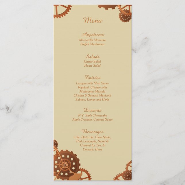 25 Steampunk Cogs and Gears Wedding Menu Cards (Front)