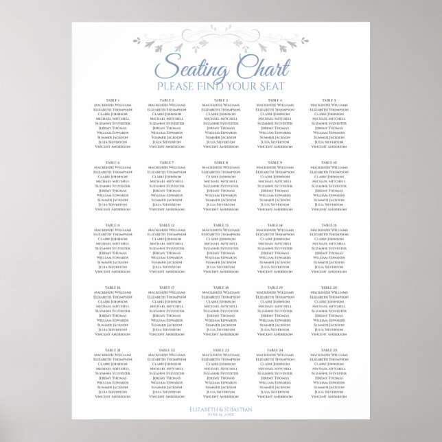 25 Table Elegant Blue White Wedding Seating Chart (Front)