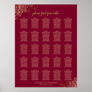 25 Table Elegant Burgundy and Gold Seating Chart