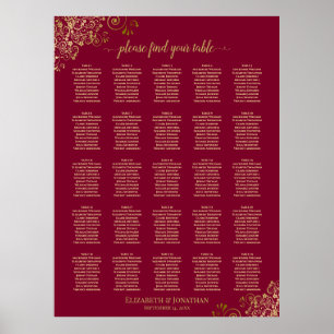 25 Table Elegant Burgundy and Gold Seating Chart