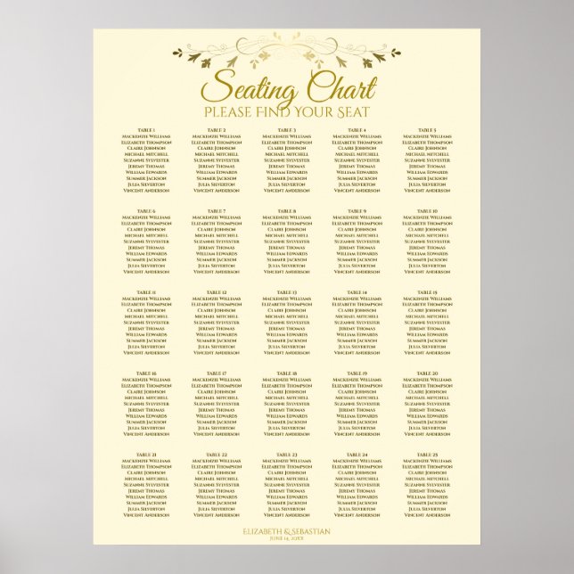 25 Table Elegant Gold Cream Wedding Seating Chart (Front)