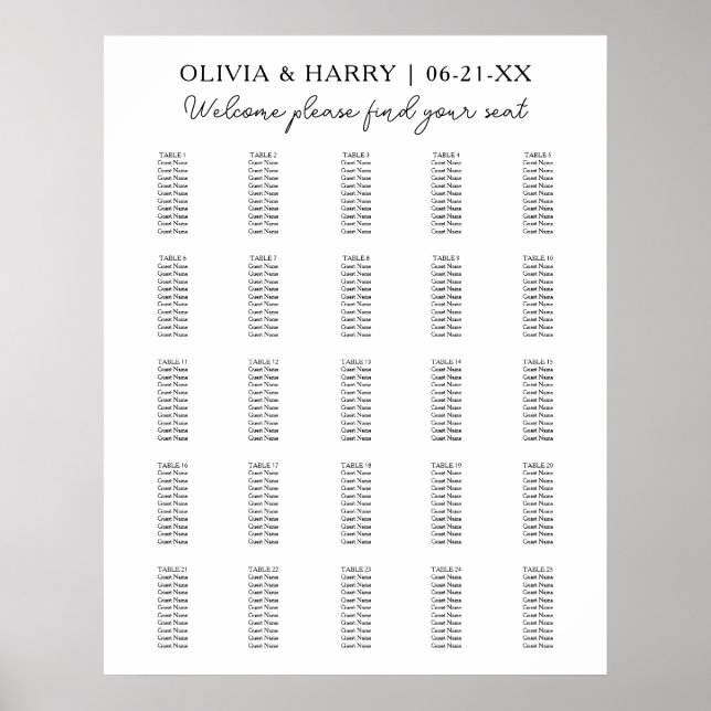 25 Table Elegant Modern Wedding Seating Chart (Front)