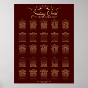 25 Table Gold & Burgundy Wedding Seating Chart