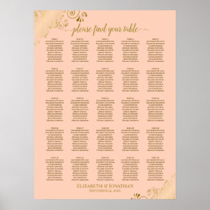 25 Table Gold & Coral Peach Wedding Seating Chart