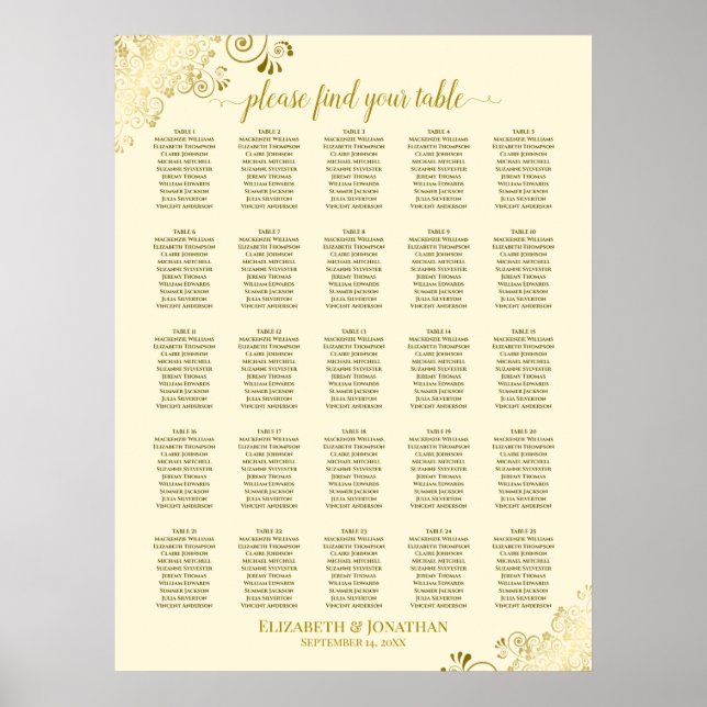 25 Table Gold & Cream Wedding Seating Chart (Front)