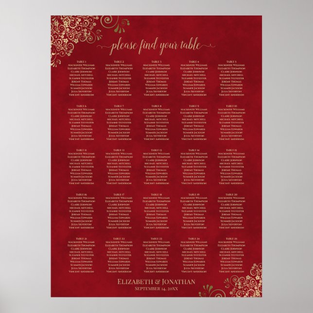 25 Table Gold Frills on Red Wedding Seating Chart (Front)