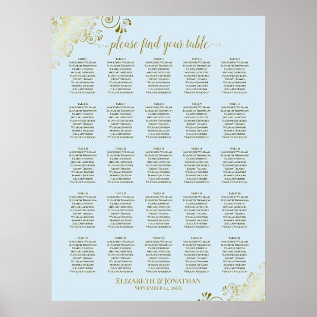 25 Table Gold & Powder Blue Wedding Seating Chart (Front)