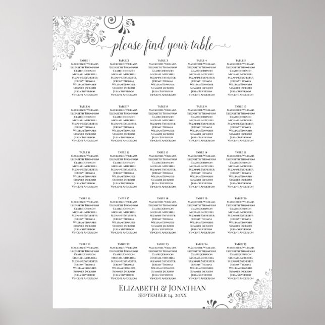 25 Table Lacy Silver Wedding Seating Chart White (Front)