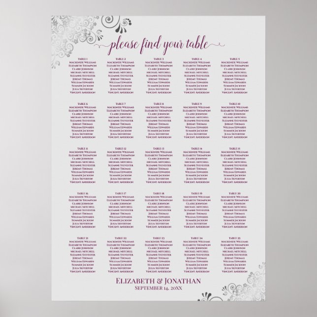 25 Table Magenta on Gray Wedding Seating Chart (Front)