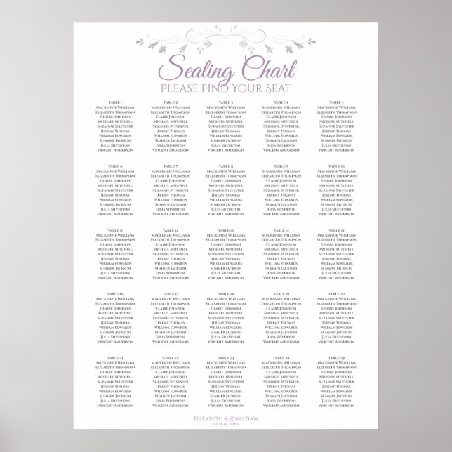 25 Table Purple Grey Elegant Wedding Seating Chart (Front)