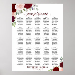 25 Table Red & Pink Roses Wedding Seating Chart