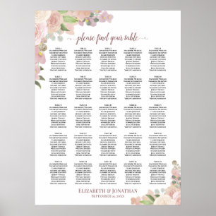 25 Table Rustic Pink Floral Wedding Seating Chart