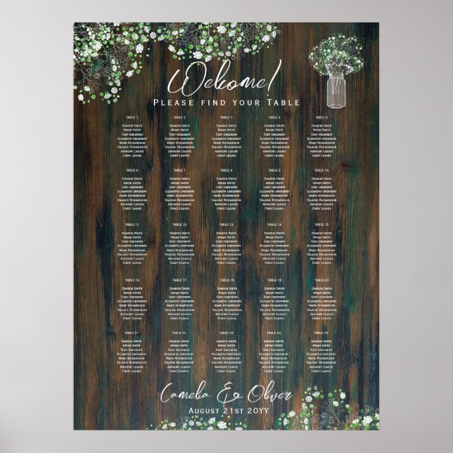 25 Table Rustic Wood Gypsophila SEATING CHART (Front)