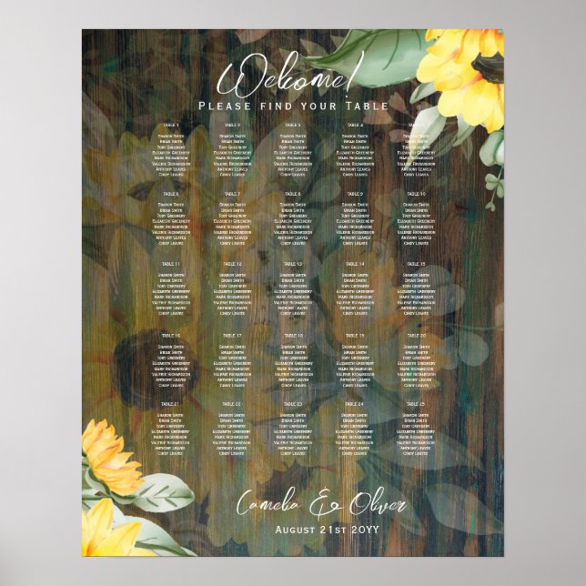 25 Table Rustic Wood SUNFLOWERS PHOTO SEATING Poster (Front)