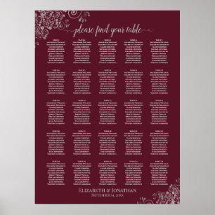 25 Table Silver & Burgundy Wedding Seating Chart