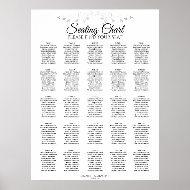 25 Table Silver Flourish Wedding Seating Chart (Front)