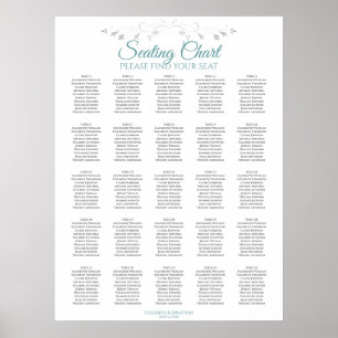 25 Table Teal & White Simple Wedding Seating Chart