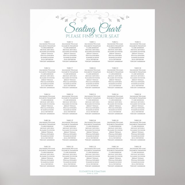 25 Table Teal & White Simple Wedding Seating Chart (Front)