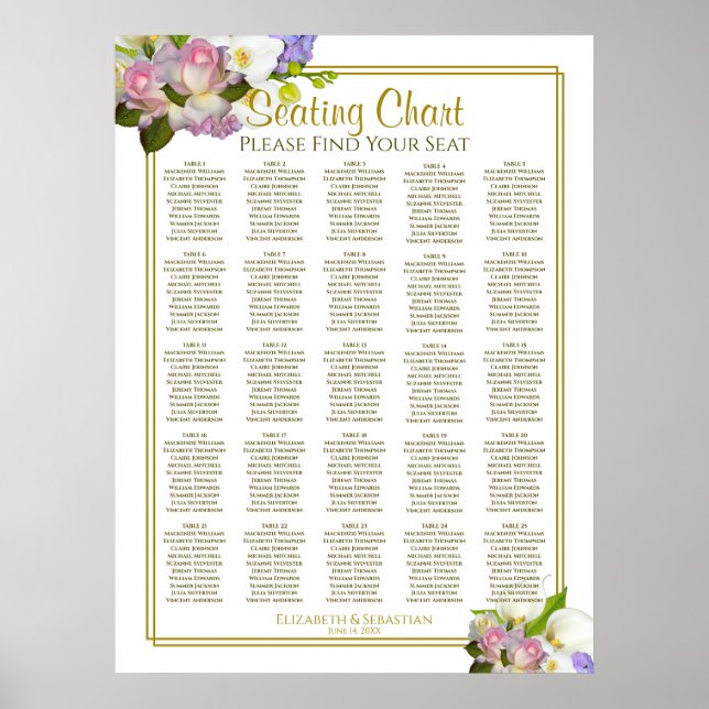 25 Table Wedding Seating Chart Pastel Floral (Front)