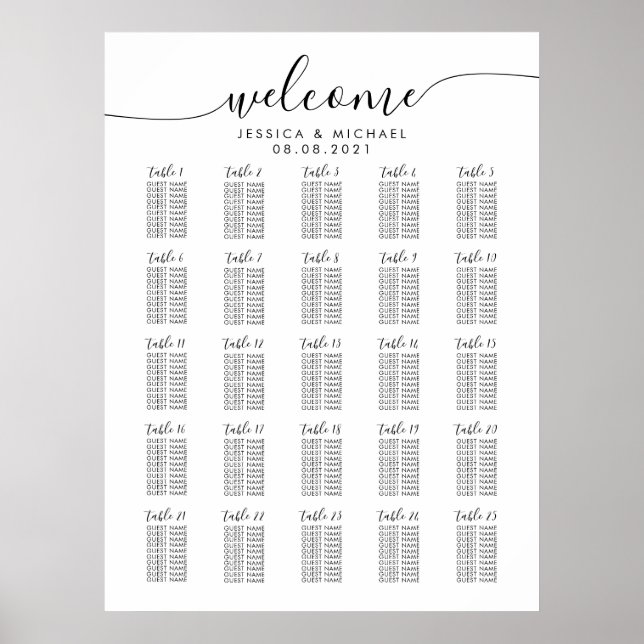 25 Tables Welcome Wedding 250 Guests Seating Chart (Front)