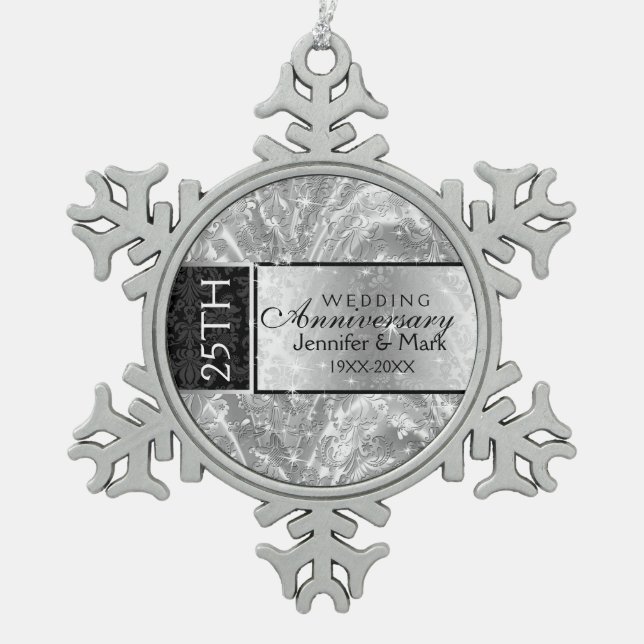 25 Wedding Anniversary Shiny Silver And Black Snowflake Pewter Christmas Ornament (Front)